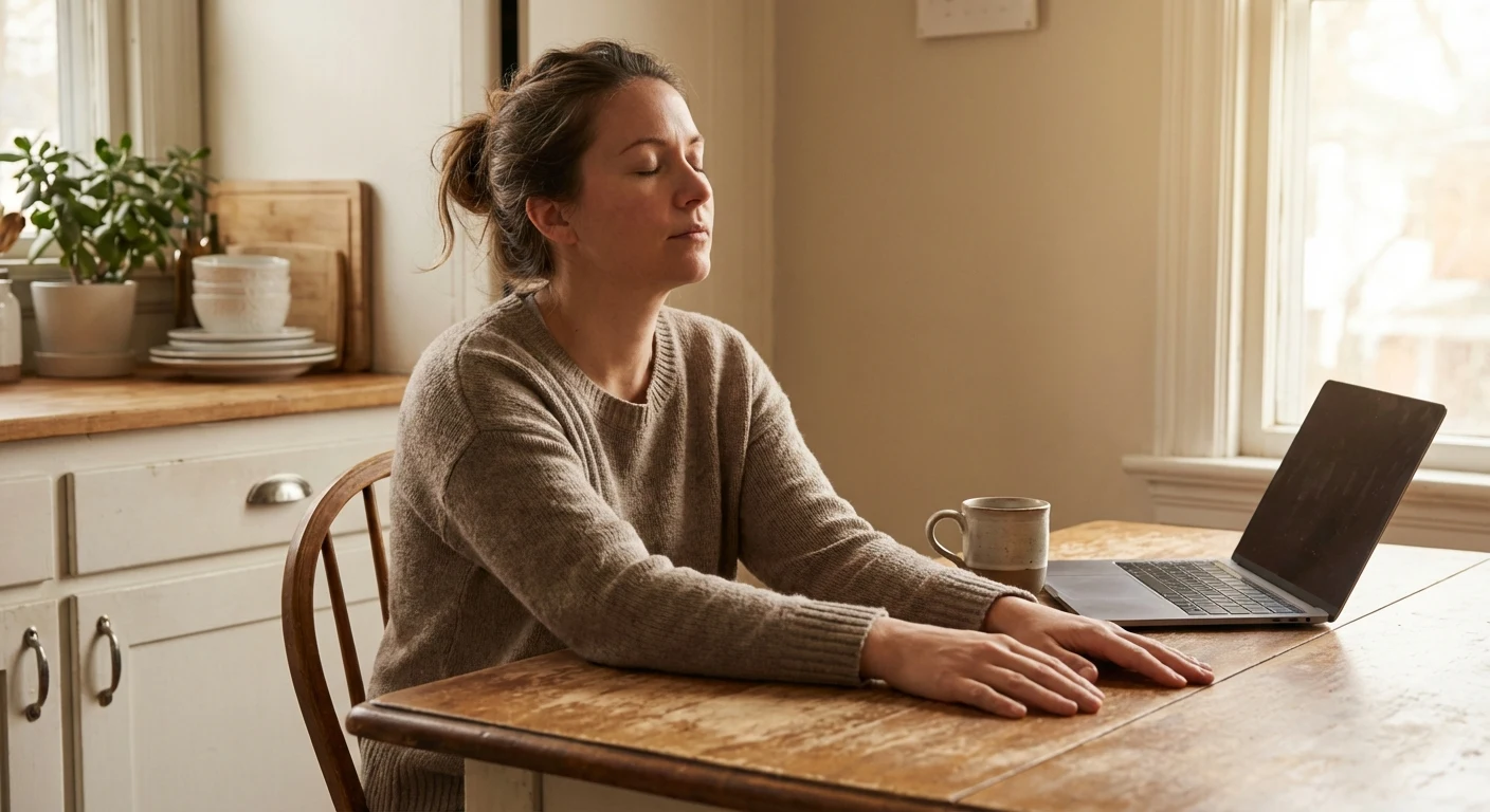 Femme les yeux fermés, assise à une table de cuisine, en pause méditative de 20 minutes pendant sa journée de travail
