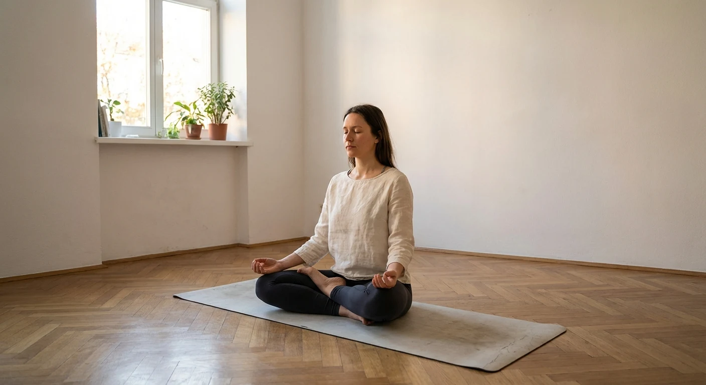Femme en position du lotus sur un tapis de yoga dans une pièce lumineuse et épurée, en méditation silencieuse