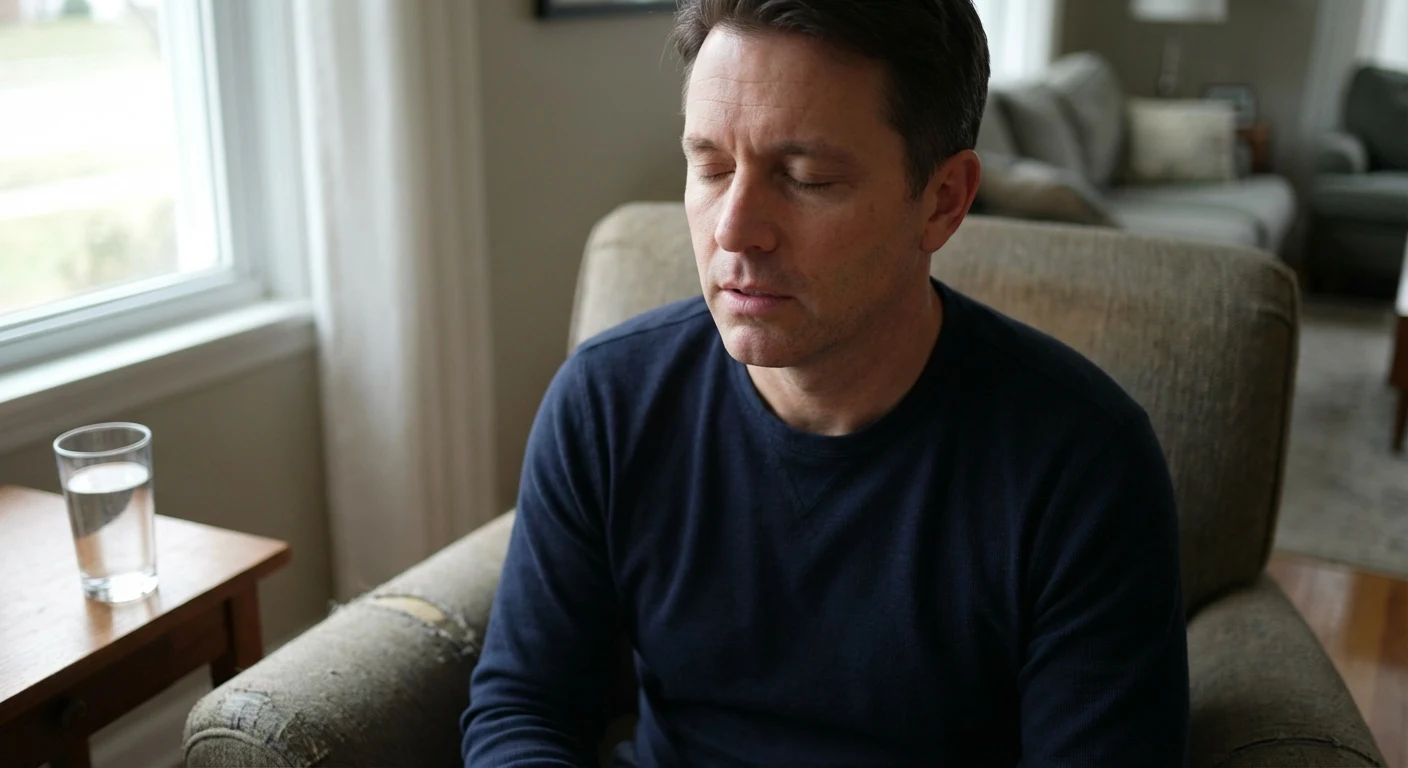 Homme assis confortablement dans un fauteuil, yeux fermés, en séance de méditation transcendantale à domicile