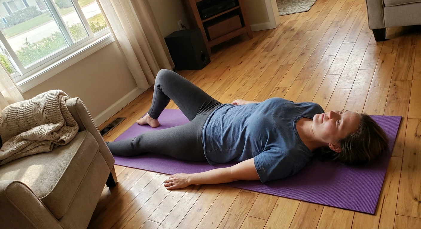 Femme allongée sur un tapis de yoga en séance de relaxation guidée à la maison