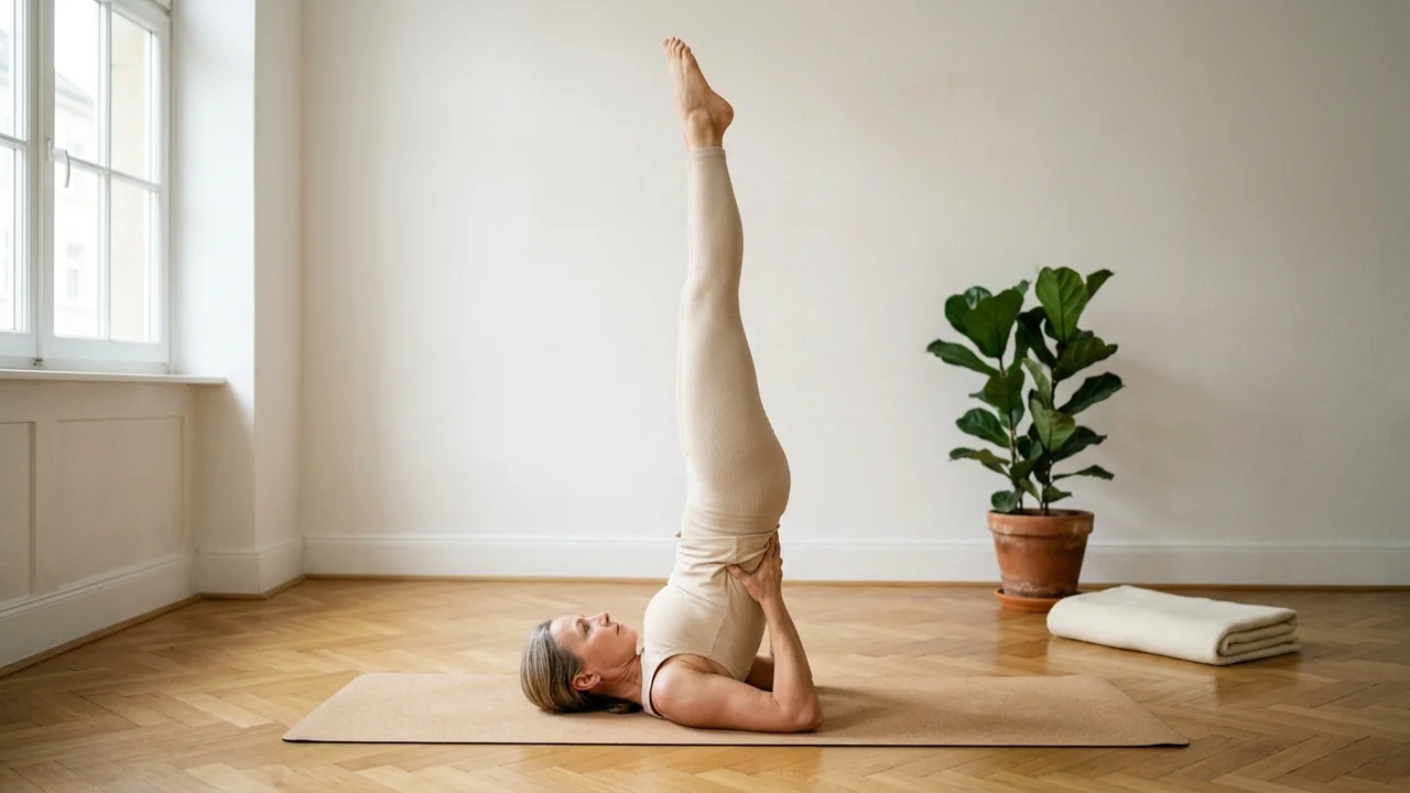 Démonstration de sarvangasana, la posture de la chandelle, dans un studio lumineux