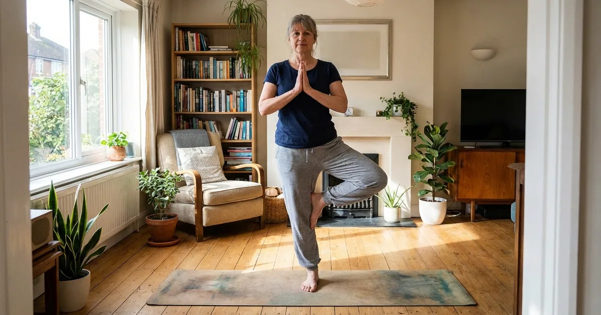 Pratiquante de hatha yoga en posture du guerrier, tapis violet dans un salon