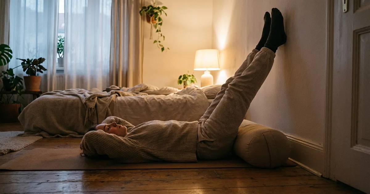 Posture de yin yoga tenue au sol, ambiance tamisée propice au sommeil