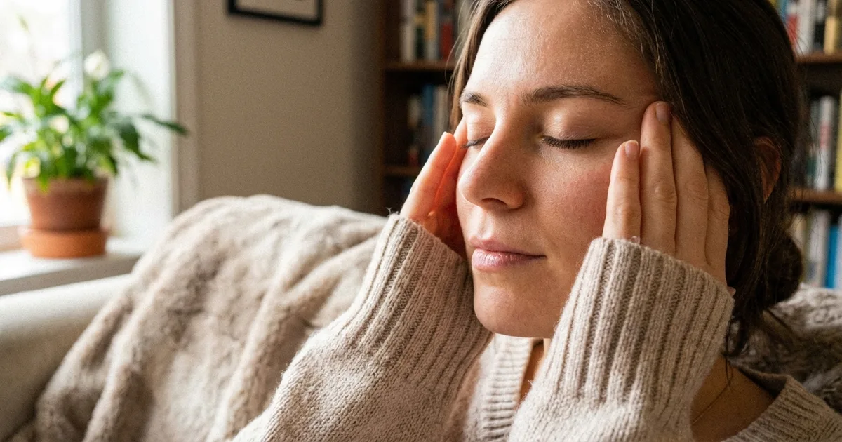 Exercice de rotation des yeux, femme assise à son bureau les yeux fermés